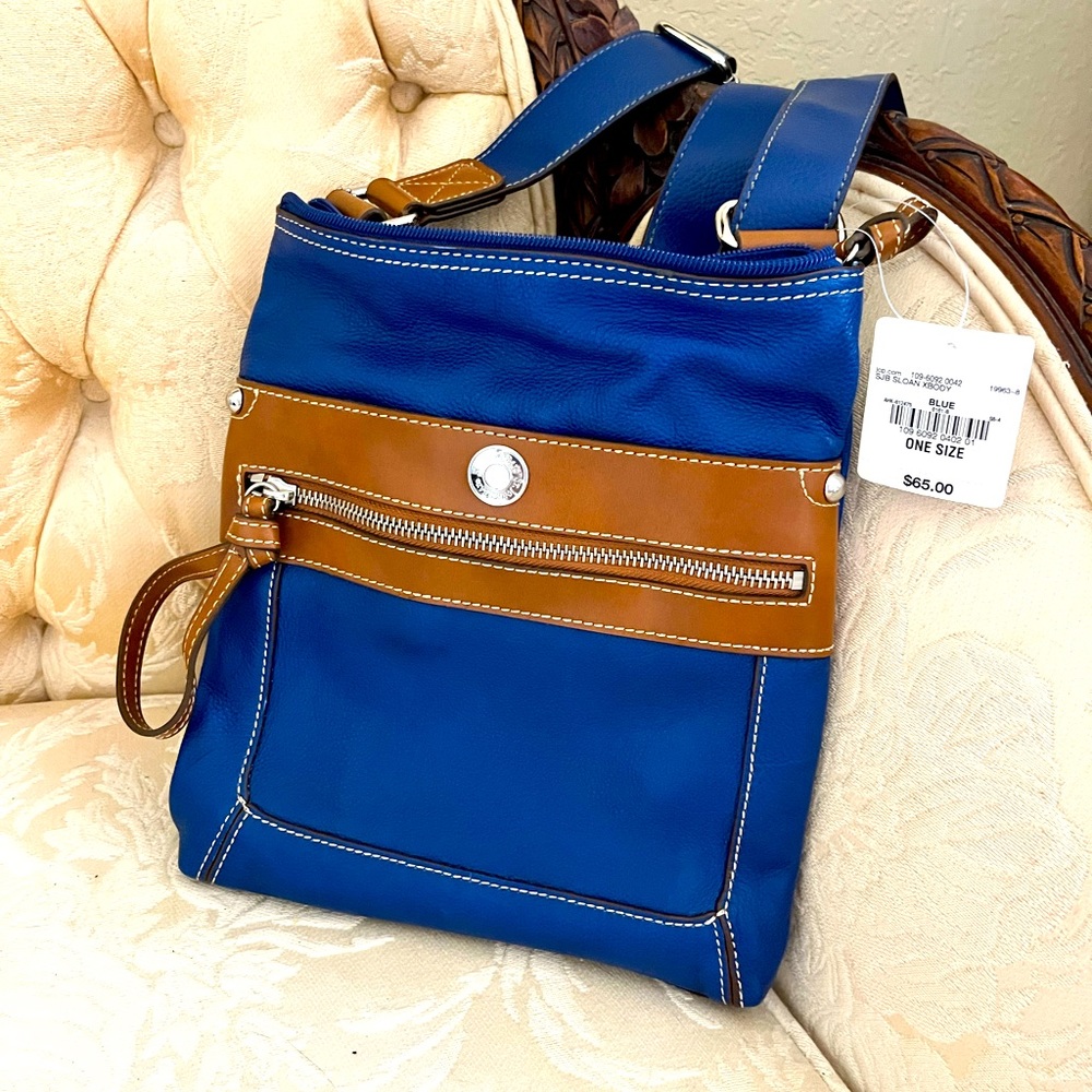 NWT- St John’s Bay Sloan Genuine Leather Crossbody Bag in Blue and Brown